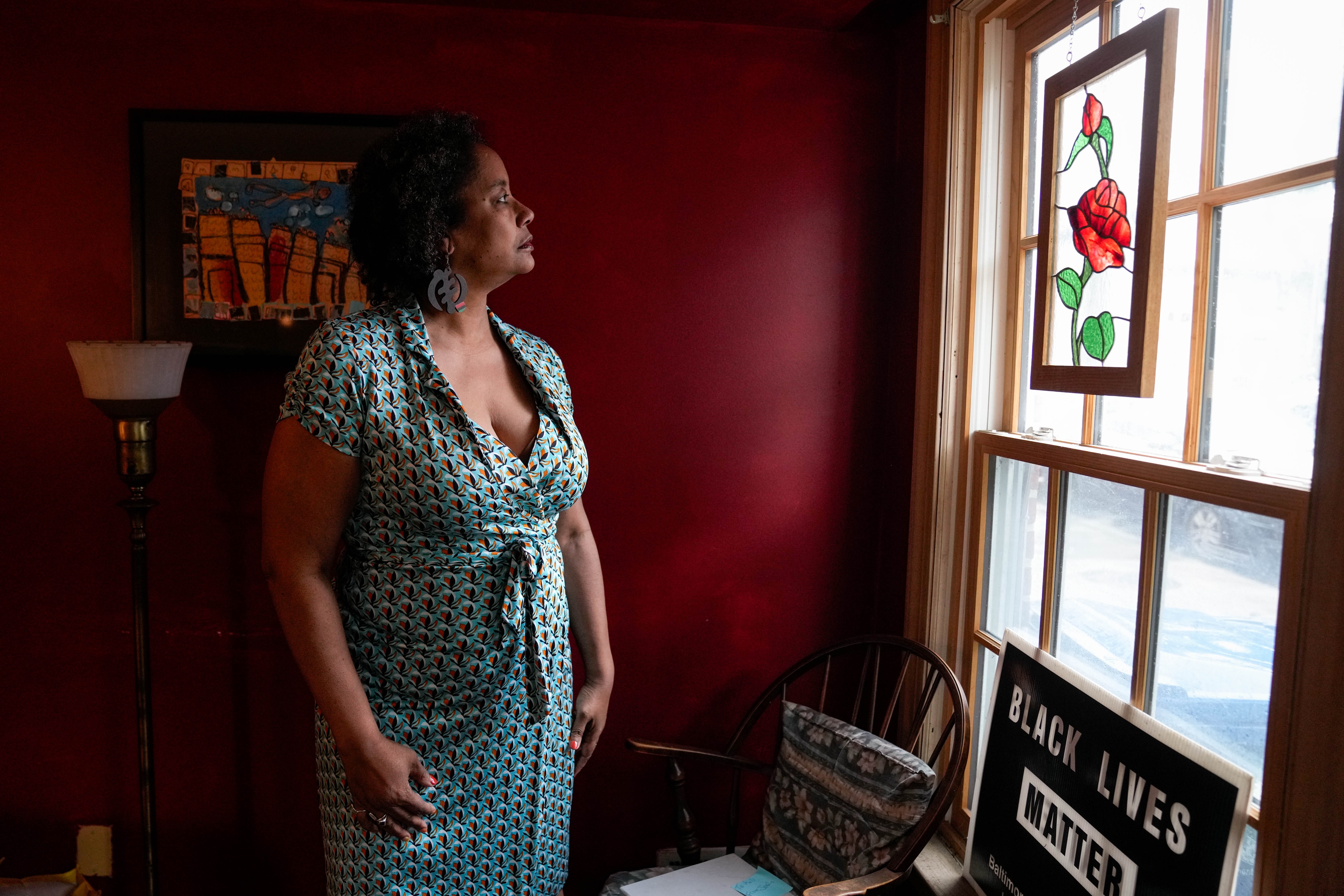 Melanie Hood-Wilson in her home in Baltimore. Hood-Wilson is anti-Trump but doesn’t identify with the No Kings movement.