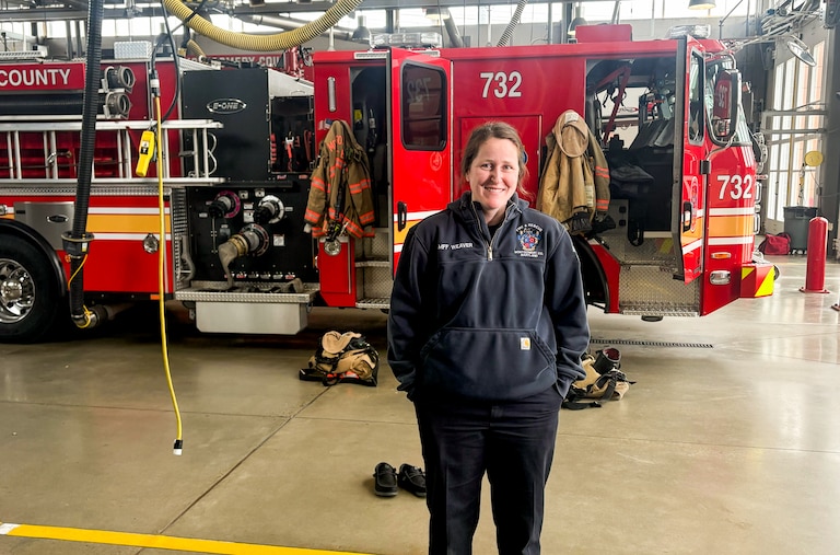 Katie Weaver, master firefighter with Montgomery County, at Montgomery County Fire Station 32 on Friday. Earlier this morning, Weaver helped deliver a baby during an emergency on highway 270.