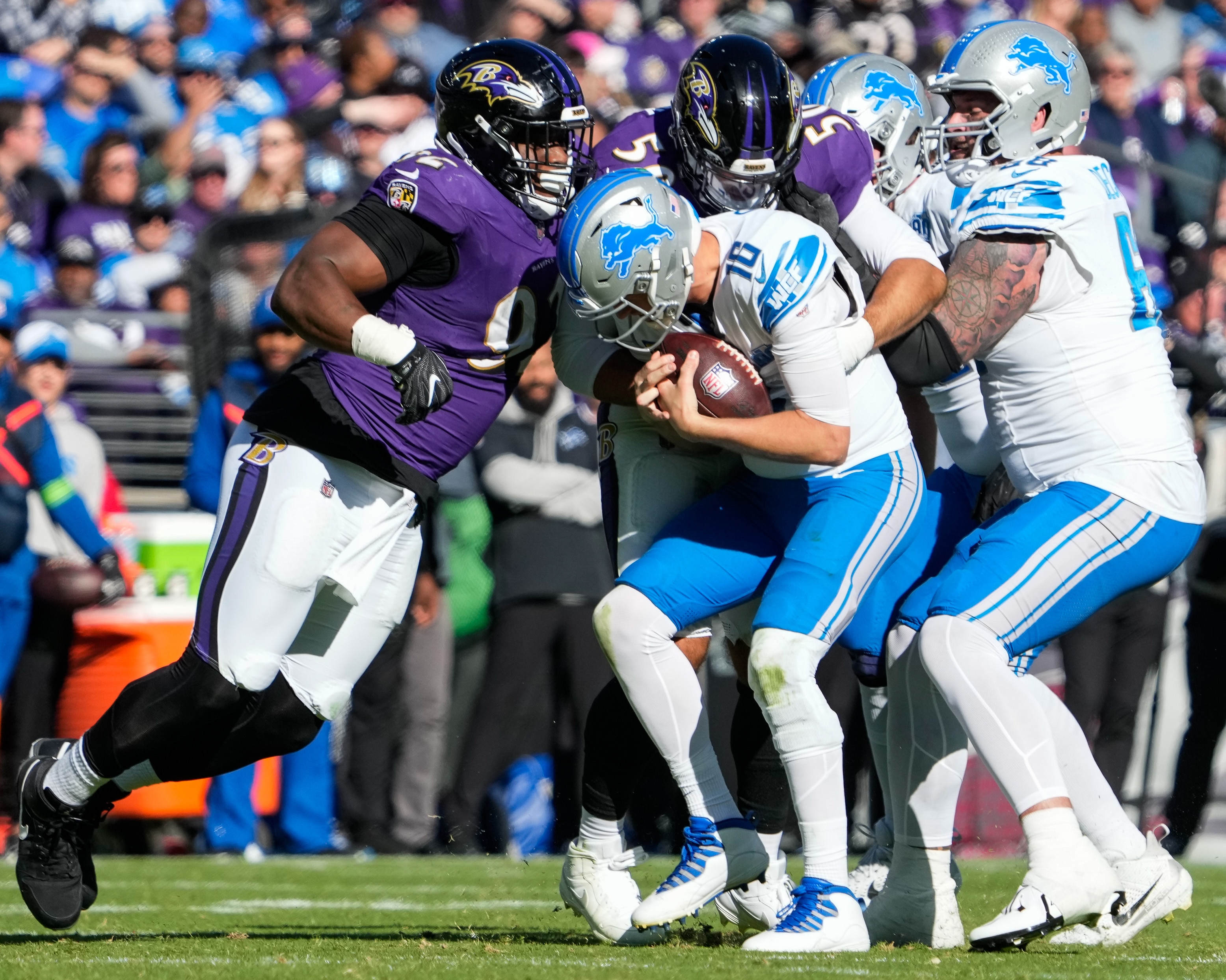 Baltimore Ravens linebacker Kyle Van Noy (50) sacks Detroit Lions quarterback Jared Goff (16) during the third quarter at M&T Bank Stadium on Sunday, Oct. 22, 2023.