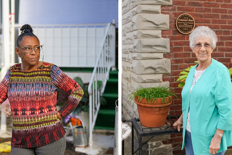 (left) Betty Davis, takes a portrait in front of her family home in Allendale, Baltimore, MD, on November 10, 2022.
(right) Maryanne Campanella, stands in front of her family home in Little Italy, Baltimore, MD, on November 10, 2022. Campanella's family has occupied this home for more than 100 years.