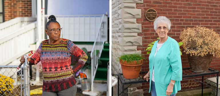 (left) Betty Davis, takes a portrait in front of her family home in Allendale, Baltimore, MD, on November 10, 2022.
(right) Maryanne Campanella, stands in front of her family home in Little Italy, Baltimore, MD, on November 10, 2022. Campanella's family has occupied this home for more than 100 years.