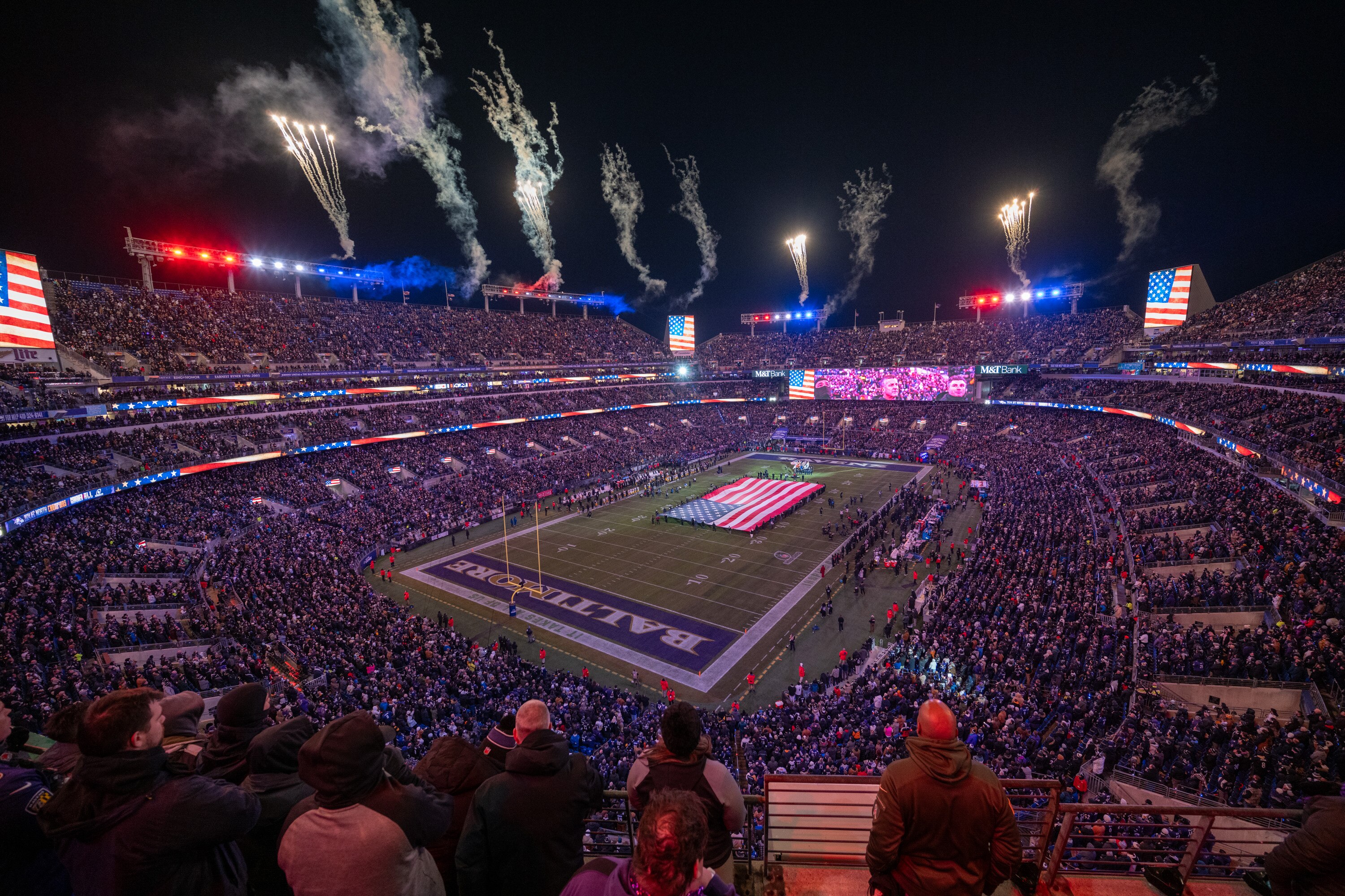 Fireworks erupt during pregame festivities Saturday in Baltimore.
