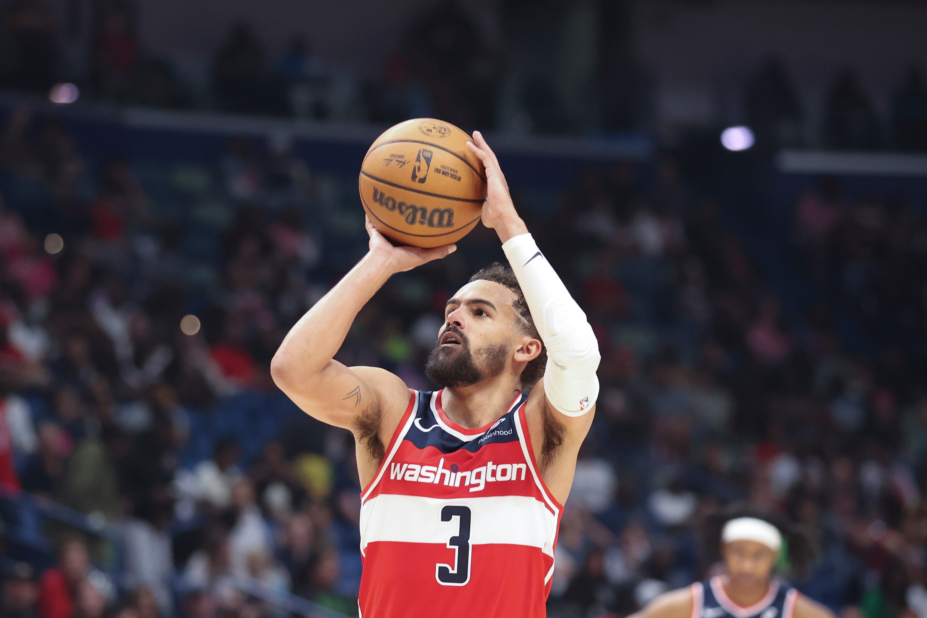 Washington Wizards guard Trae Young attempts a technical foul free throw against the New Orleans Pelicans on March 8.