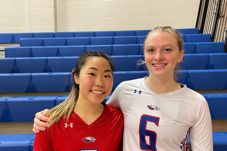 Centennial libero Caleigh Kim (left) led a stellar back row defense and middle hitter Kaley Maclellan finished off five the last seven points of the match as the No. 3 Eagles defeated No. 2 Reservoir, 3-2, in a clash of two teams previously unbeaten in Howard County.