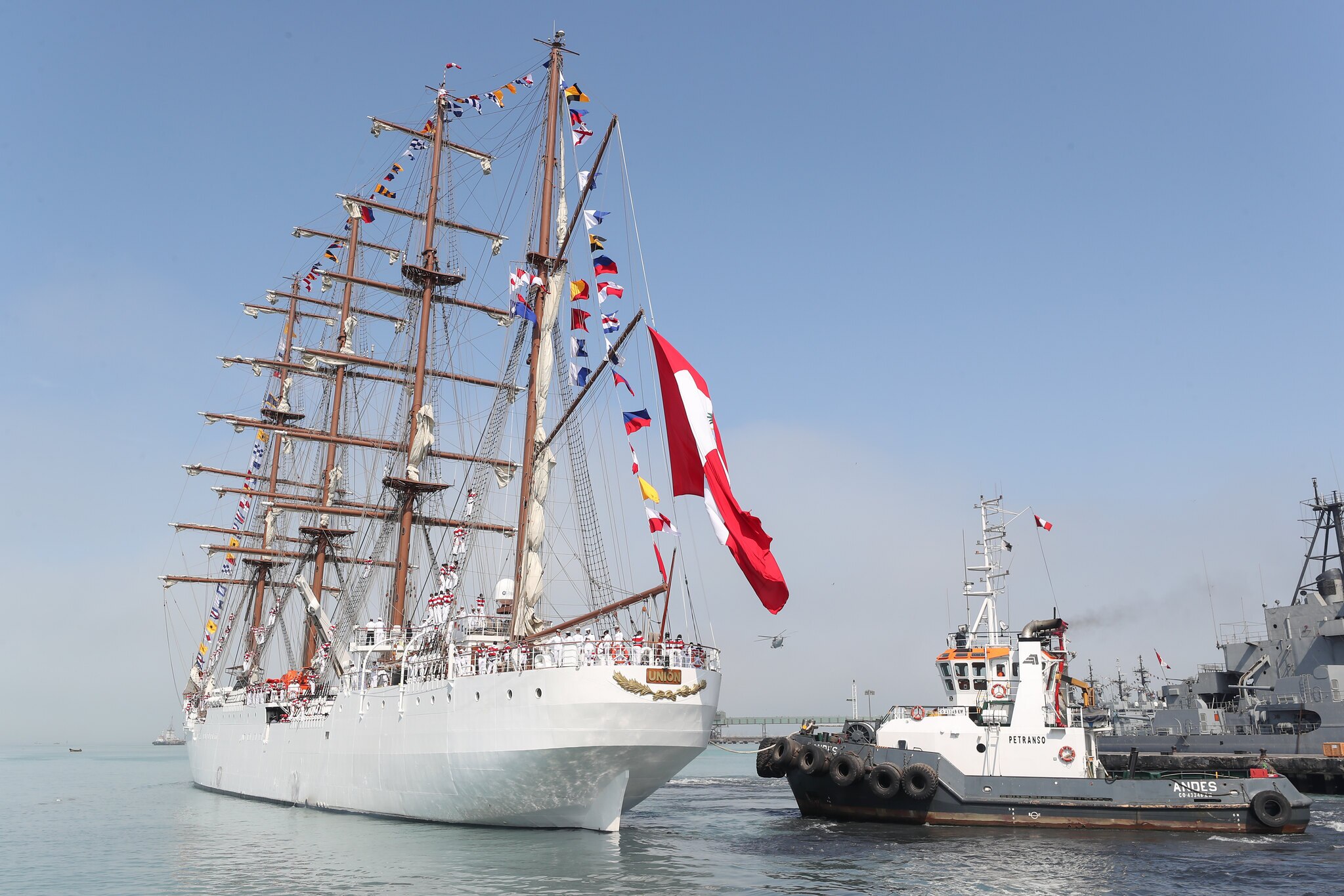 The BAP Unión being pulled by a tugboat in 2019.