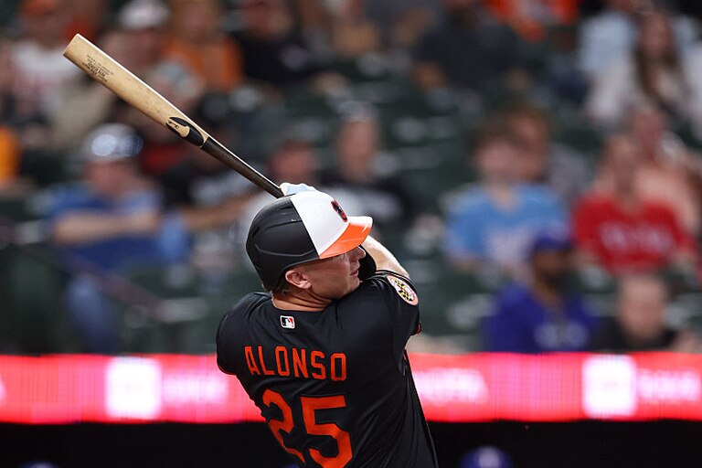 First baseman Pete Alonso hits his first home run as a member of the Orioles during the fourth inning against the Texas Rangers on March 31.