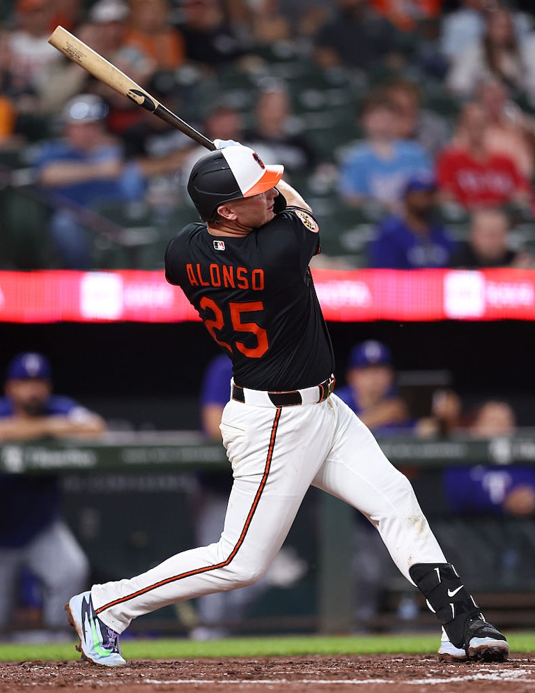 First baseman Pete Alonso hits his first home run as a member of the Orioles during the fourth inning against the Texas Rangers on March 31.