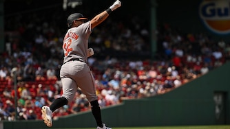 Orioles third baseman Christian Encarnacion-Strand reacts after hitting a solo home run in the fourth inning.