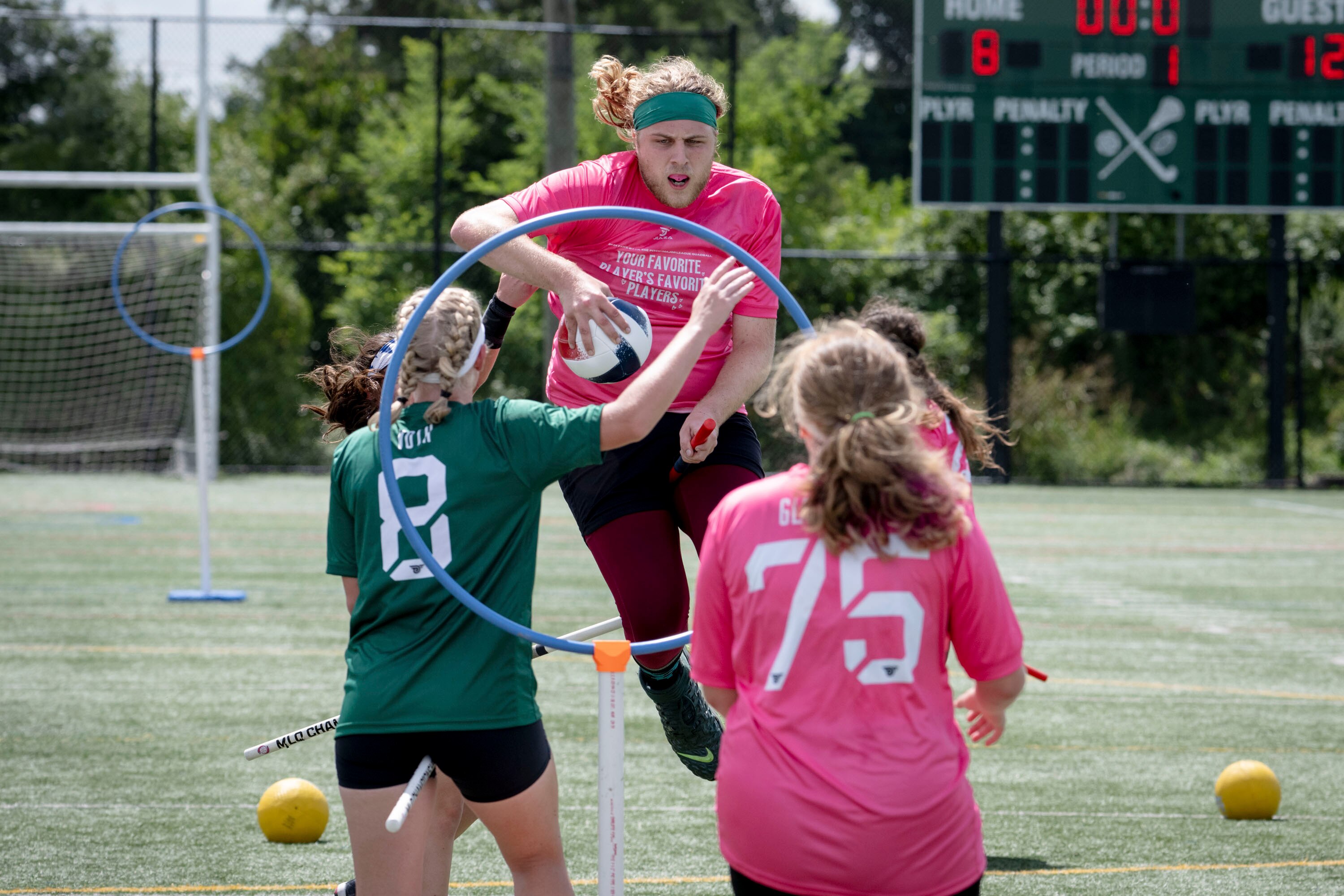 A Your Favorite Player’s Favorite Players team member aims to score with the quadball during Major League Quadball's Take Back the Pitch exhibition matches Monday in Howard County.