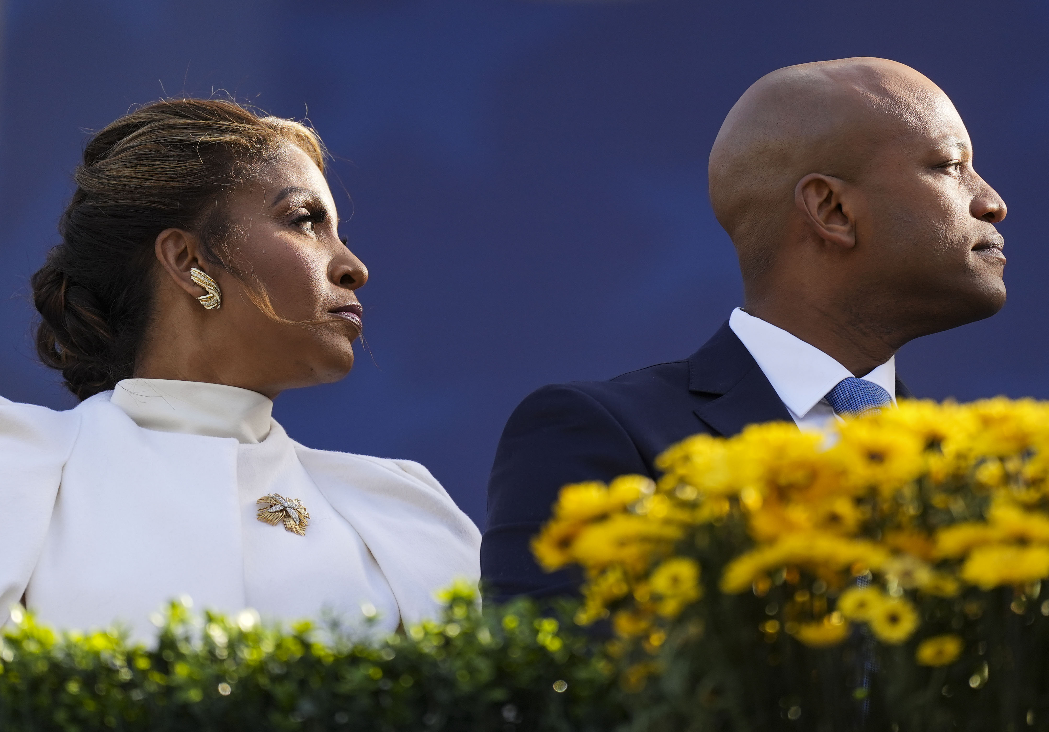 Maryland Gov. Wes Moore and his wife Dawn Flythe Moore, shown at the inauguration in January, sold their Guilford mansion for $2.525 million.