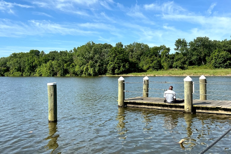 Jerome Barr mediates on a pier at Bladensburg Waterfront Park.