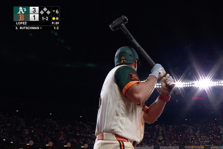 Orioles first baseman Pete Alonso, shown on the MASN broadcast, holds his sledgehammer.