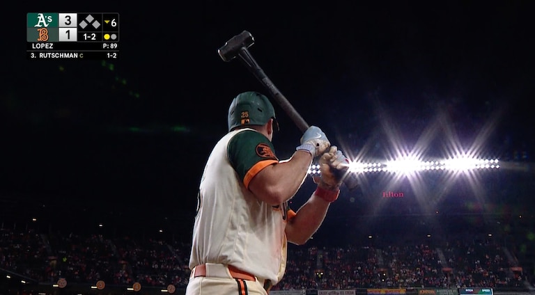 Orioles first baseman Pete Alonso, shown on the MASN broadcast, holds his sledgehammer.