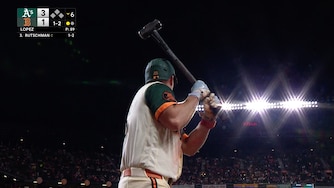 Orioles first baseman Pete Alonso, shown on the MASN broadcast, holds his sledgehammer.