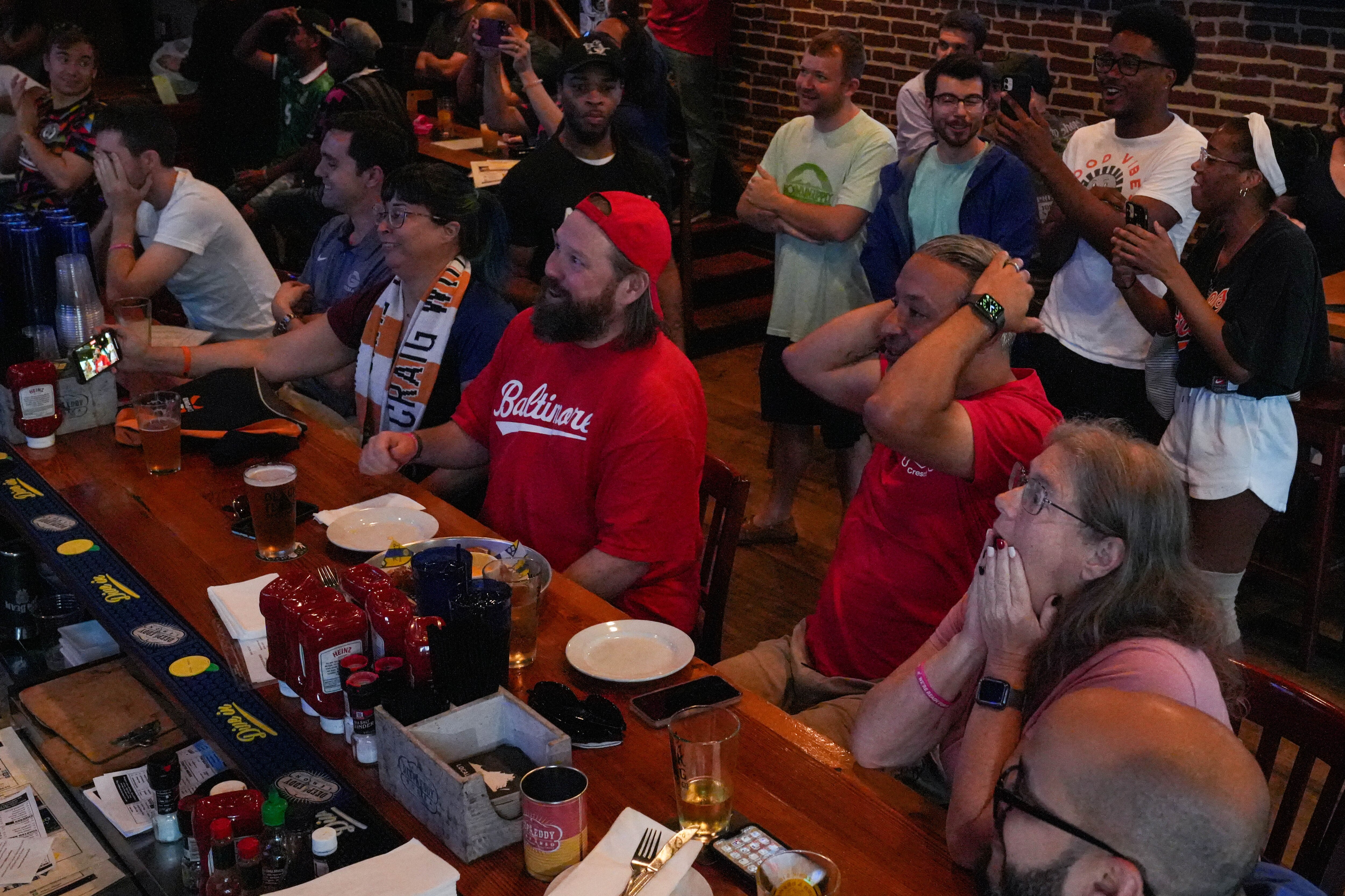 6/16/22—Soccer fans react as Boston is announced that they will be a Host City for the World Cup in 2026 at the FIFA watch party at Abbey Burger Bistro in Fells Point.