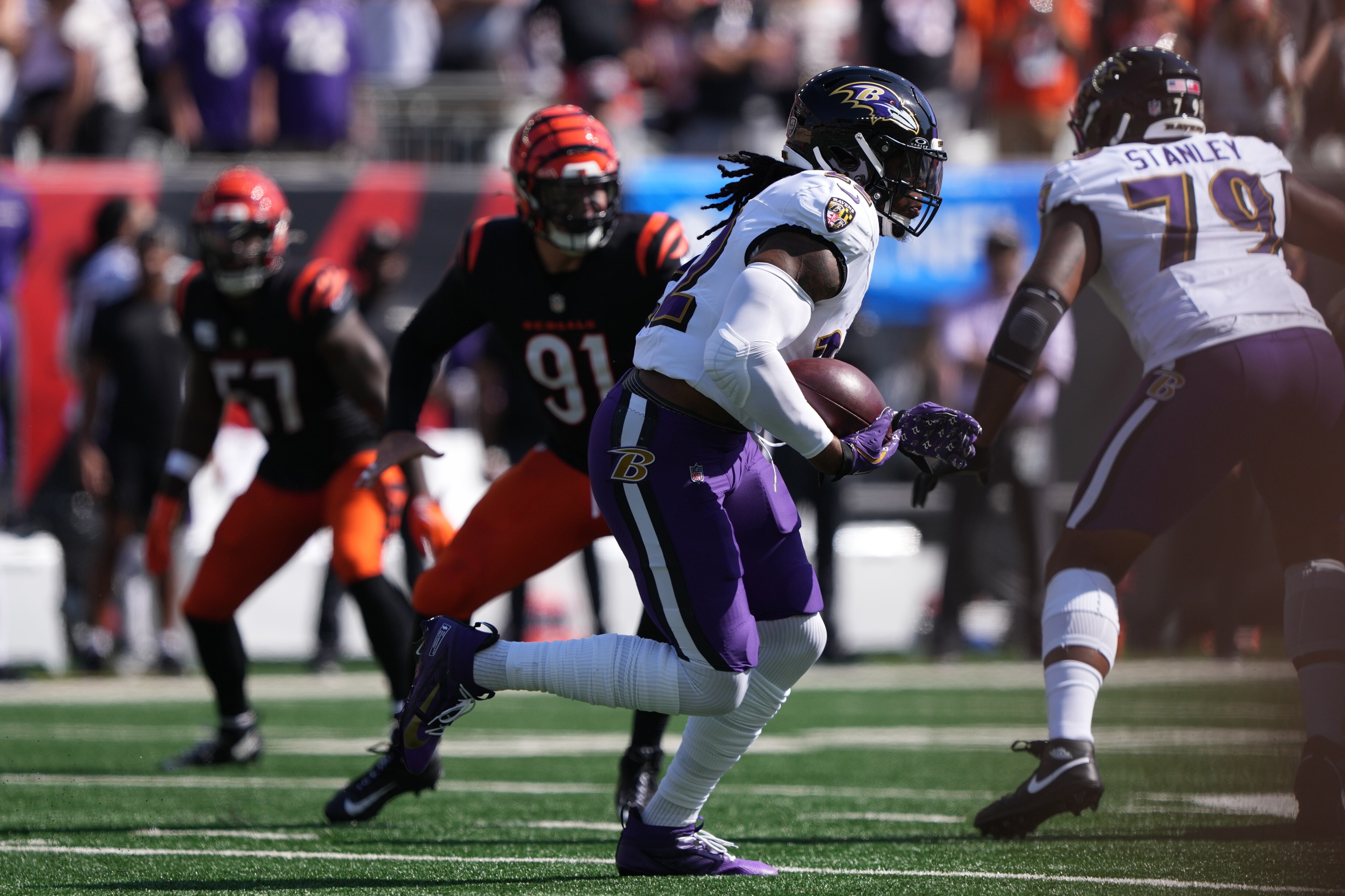 Ravens running back Derrick Henry became the 32nd NFL player to run for 10,000 yards with a carry in the second quarter against the Bengals Sunday.