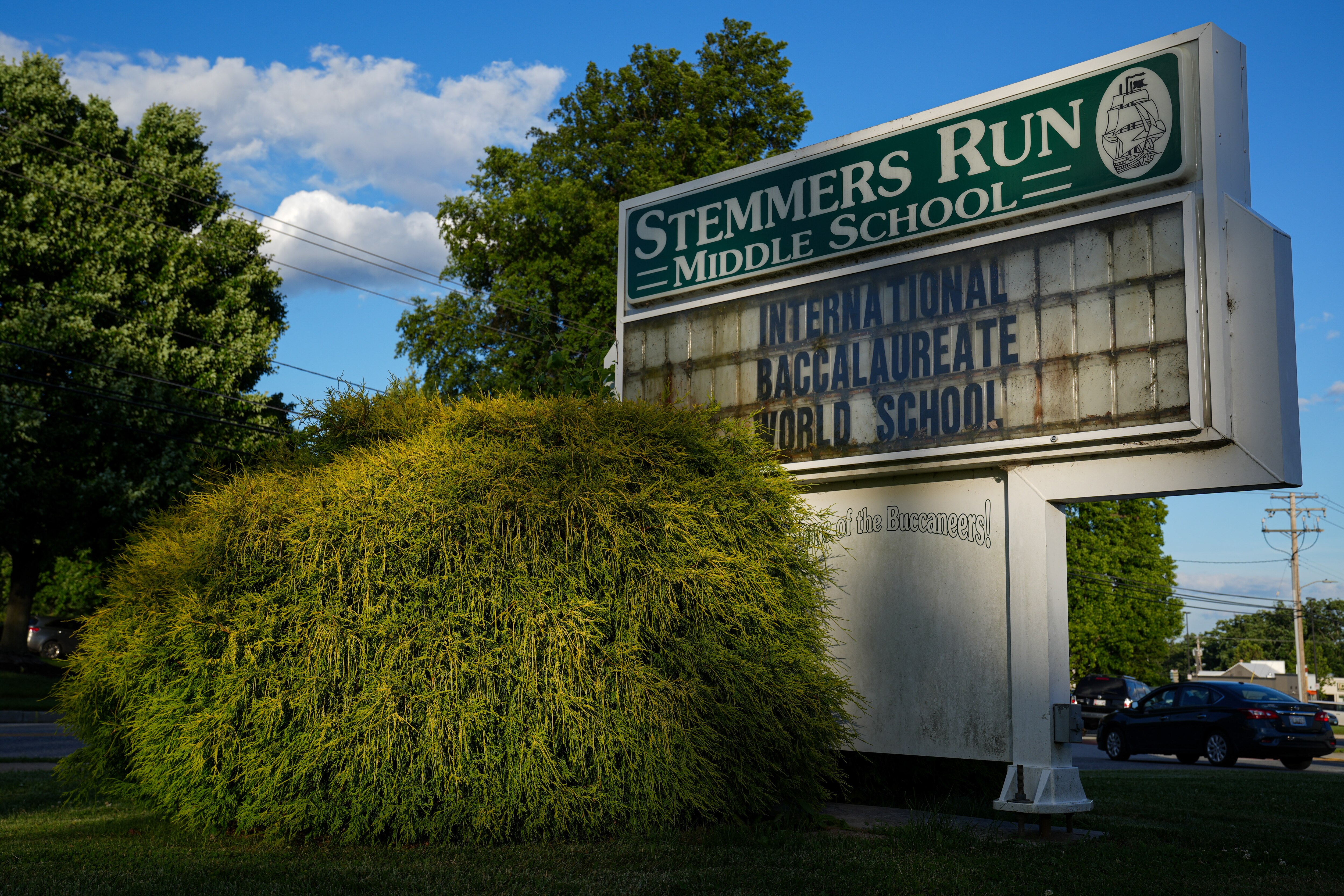 Exterior of Stemmers Run Middle School sign in 2022.
