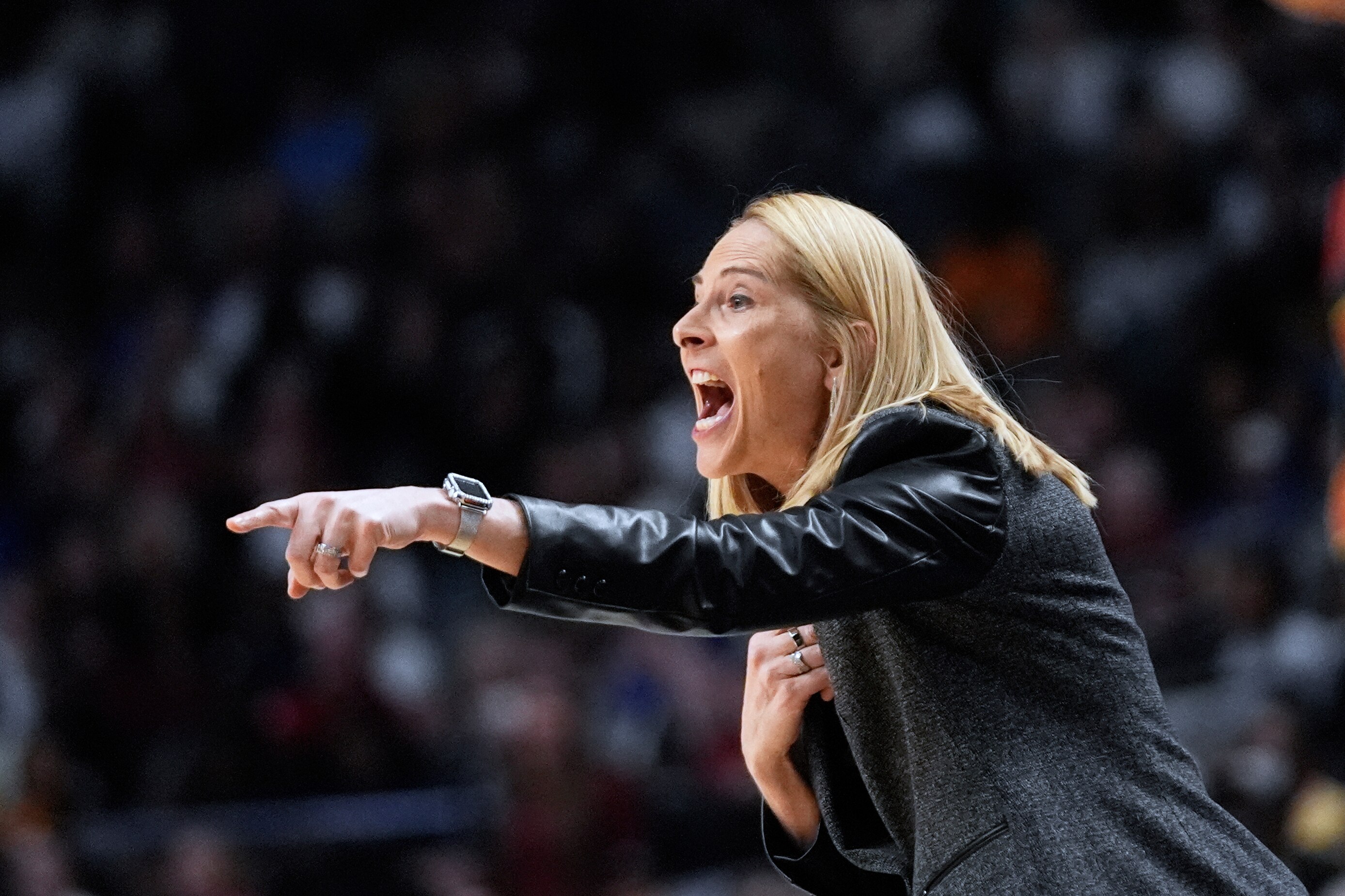Maryland head coach Brenda Frese calls out from the bench during the second half against South Carolina in the Sweet 16 on March 28.