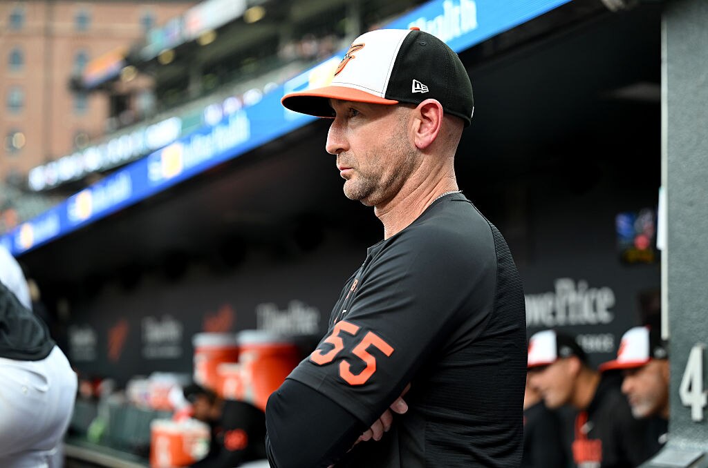 Orioles manager Craig Albernaz watches during the second inning of Tuesday night's game against the Seattle Mariners.