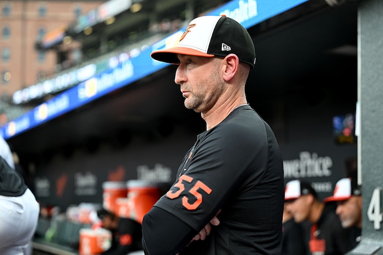 Orioles manager Craig Albernaz watches during the second inning of Tuesday night's game against the Seattle Mariners.