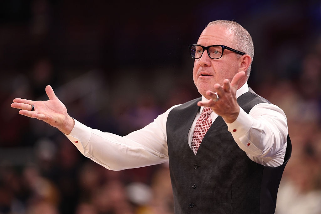 Maryland head coach Buzz Williams of the Maryland Terrapins reacts against the Iowa Hawkeyes in the first half during the second round of the 2026 Big Ten tournament.