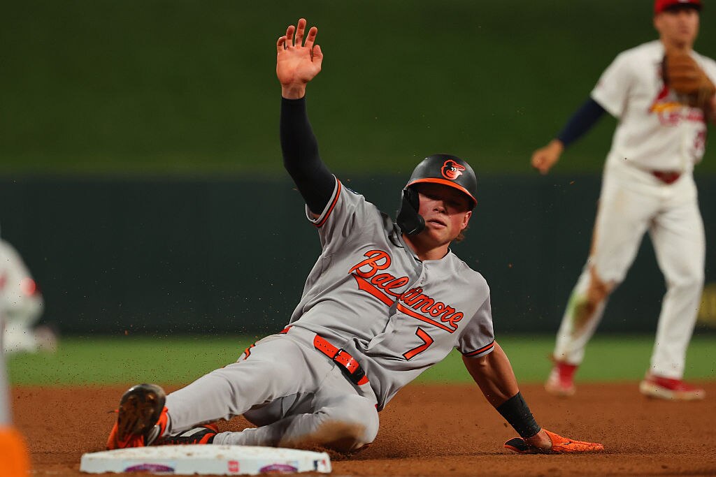 Orioles second baseman Jackson Holliday slides into third base against the St. Louis Cardinals in the fifth inning Tuesday.