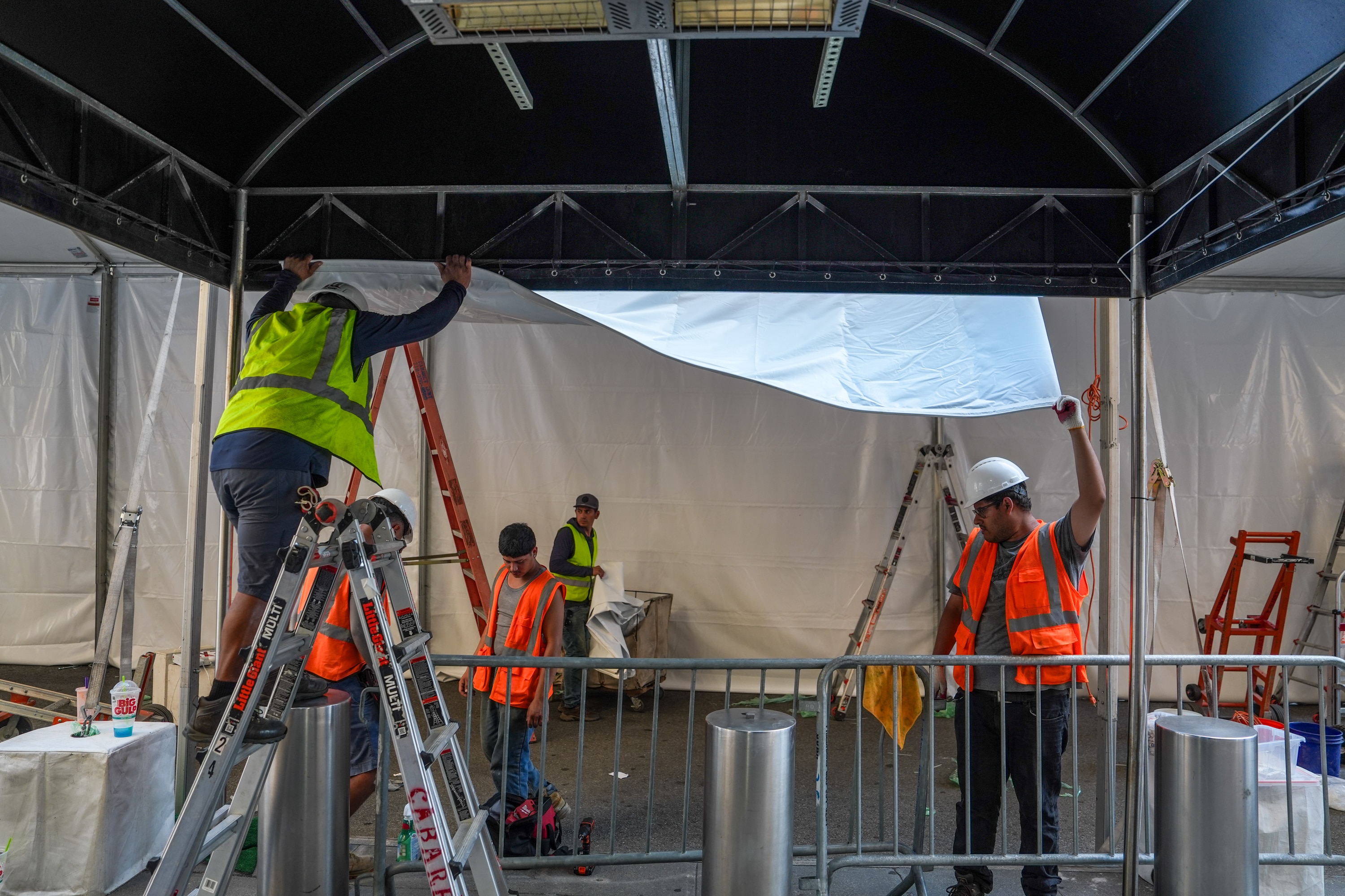 Workers set up a tent outside of Madison Square Garden ahead of a reported wedding between singer Taylor Swift and National Football League player Travis Kelce on Thursday, July 2, 2026, in New York.