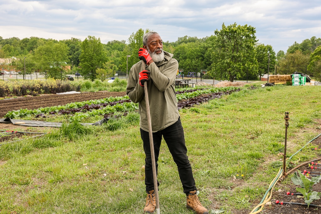Farmer Larry Seals, who runs Decentra Farm, at his quarter-acre plot of land where he grows a variety of lettuce, spinach and collard greens at the Urban Farm Incubator at Watkins Regional Park in Upper Marlboro