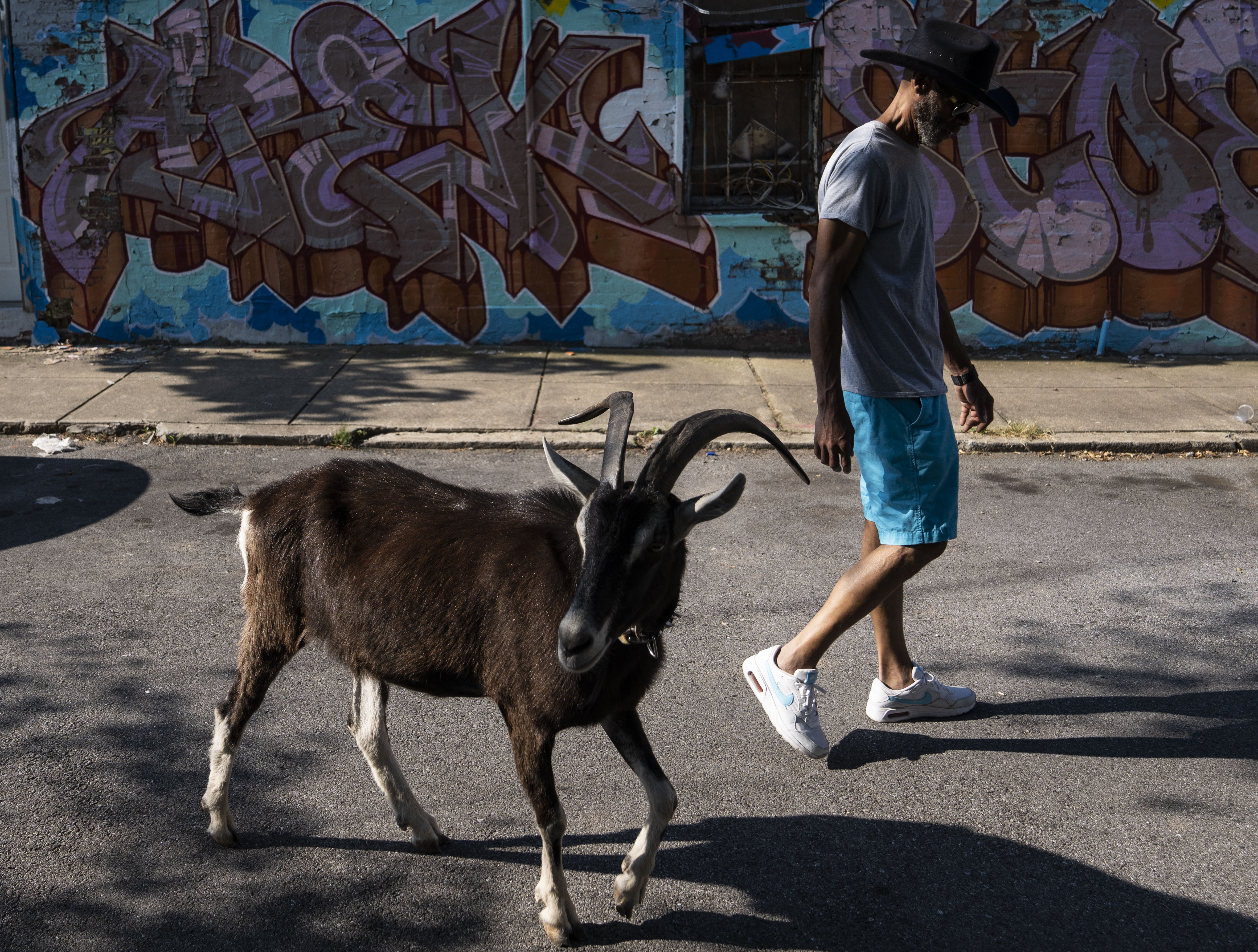 Todd “Gready” Cornish walks with his goat, Hank, in 2024.