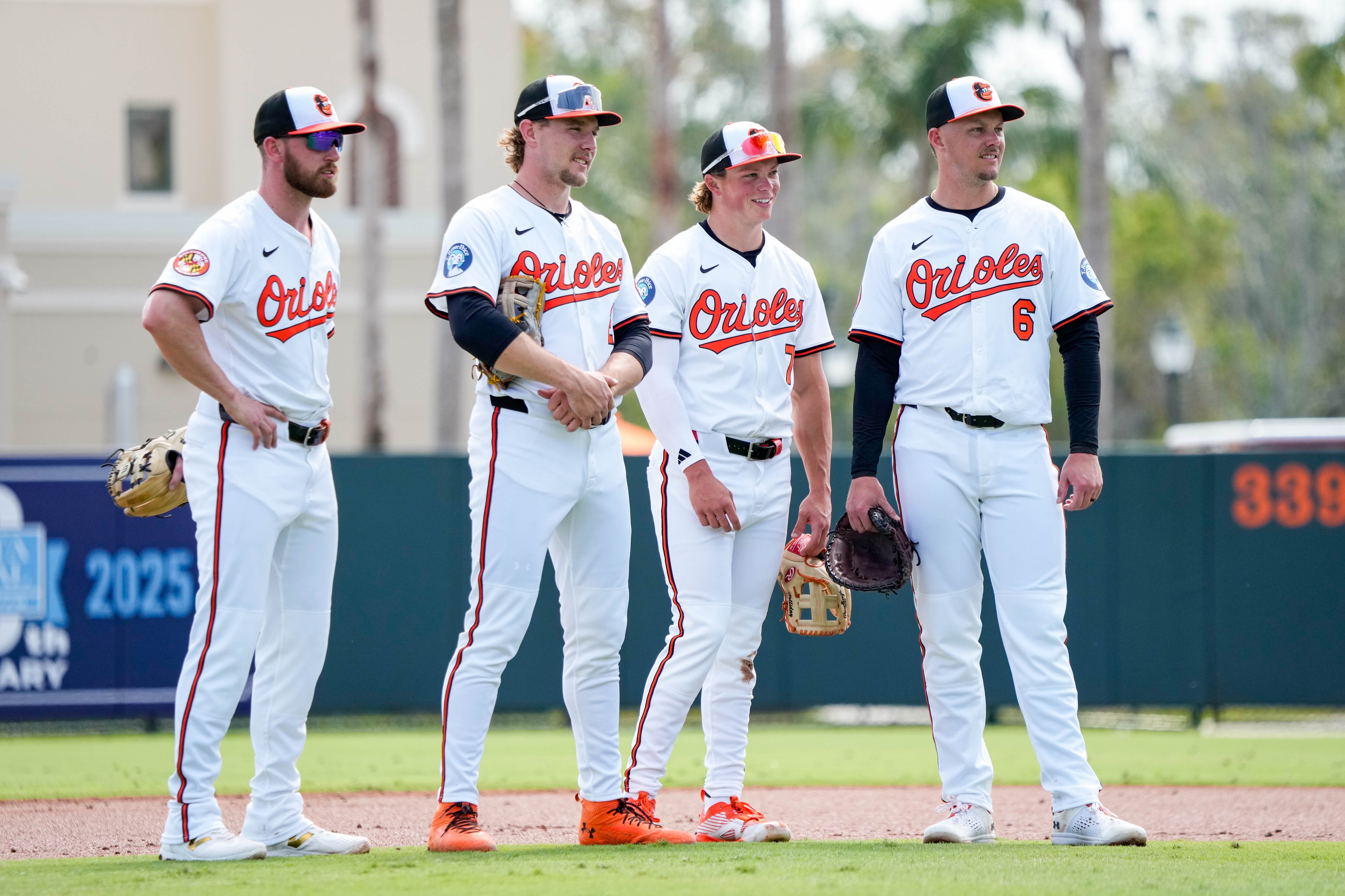 The Orioles infield should not change much from now until spring training with, left to right, third baseman Jordan Westburg, shortstop Gunnar Henderson, second baseman Jackson Holliday and first baseman Ryan Mountcastle.