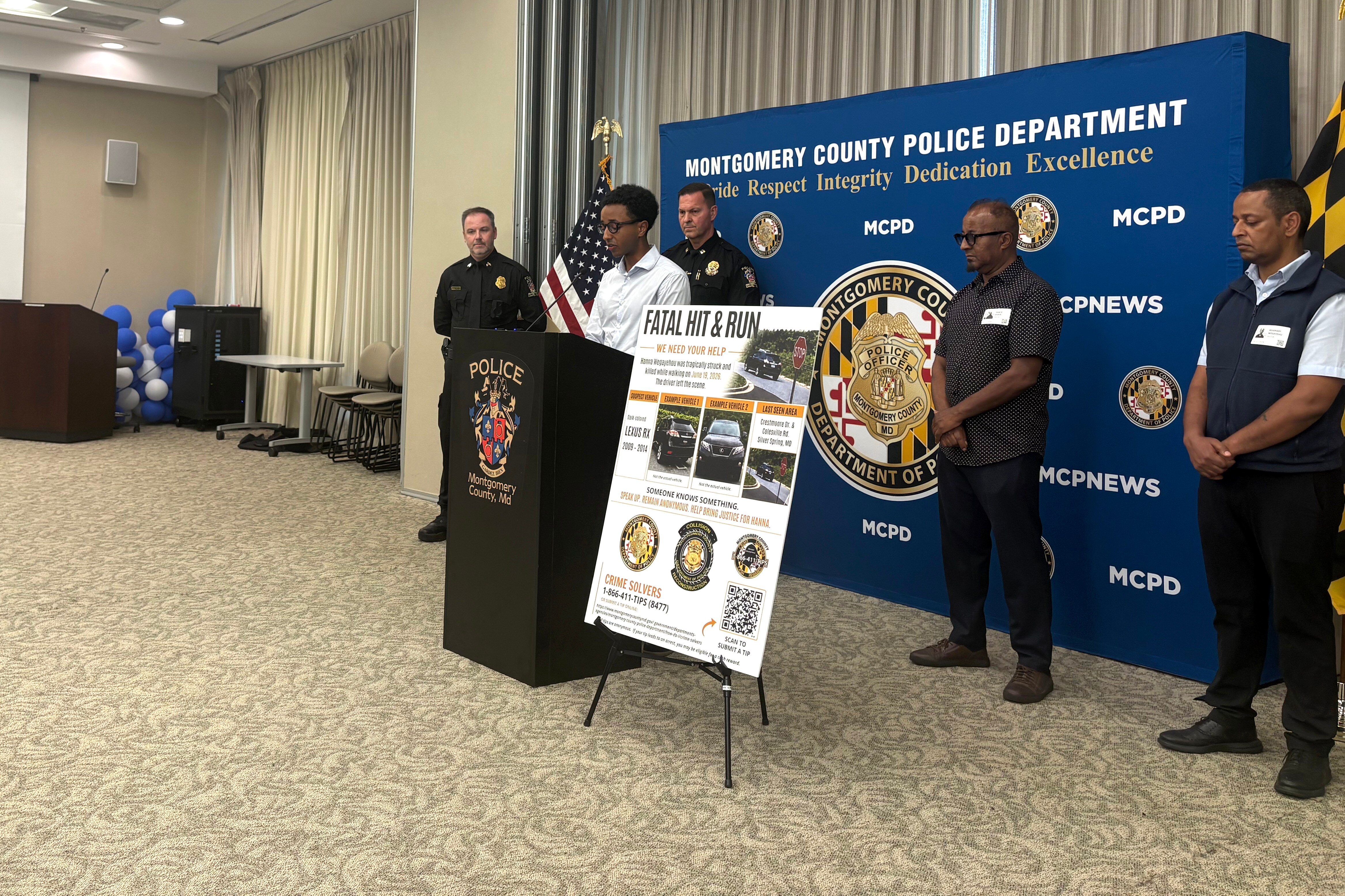 JULY 21, 2026 - Montgomery County Police are asking for the public's help identifying a hit-and-run driver who fled the scene of a fatal crash involving a pedestrian in Silver Spring last month. Nate Tinbite speaks about his mother, Hanna Wegayehou, 61, who was killed in the crash at a presser on Tuesday.