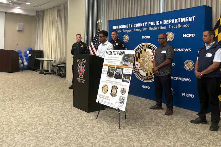 JULY 21, 2026 - Montgomery County Police are asking for the public's help identifying a hit-and-run driver who fled the scene of a fatal crash involving a pedestrian in Silver Spring last month. Nate Tinbite speaks about his mother, Hanna Wegayehou, 61, who was killed in the crash at a presser on Tuesday.