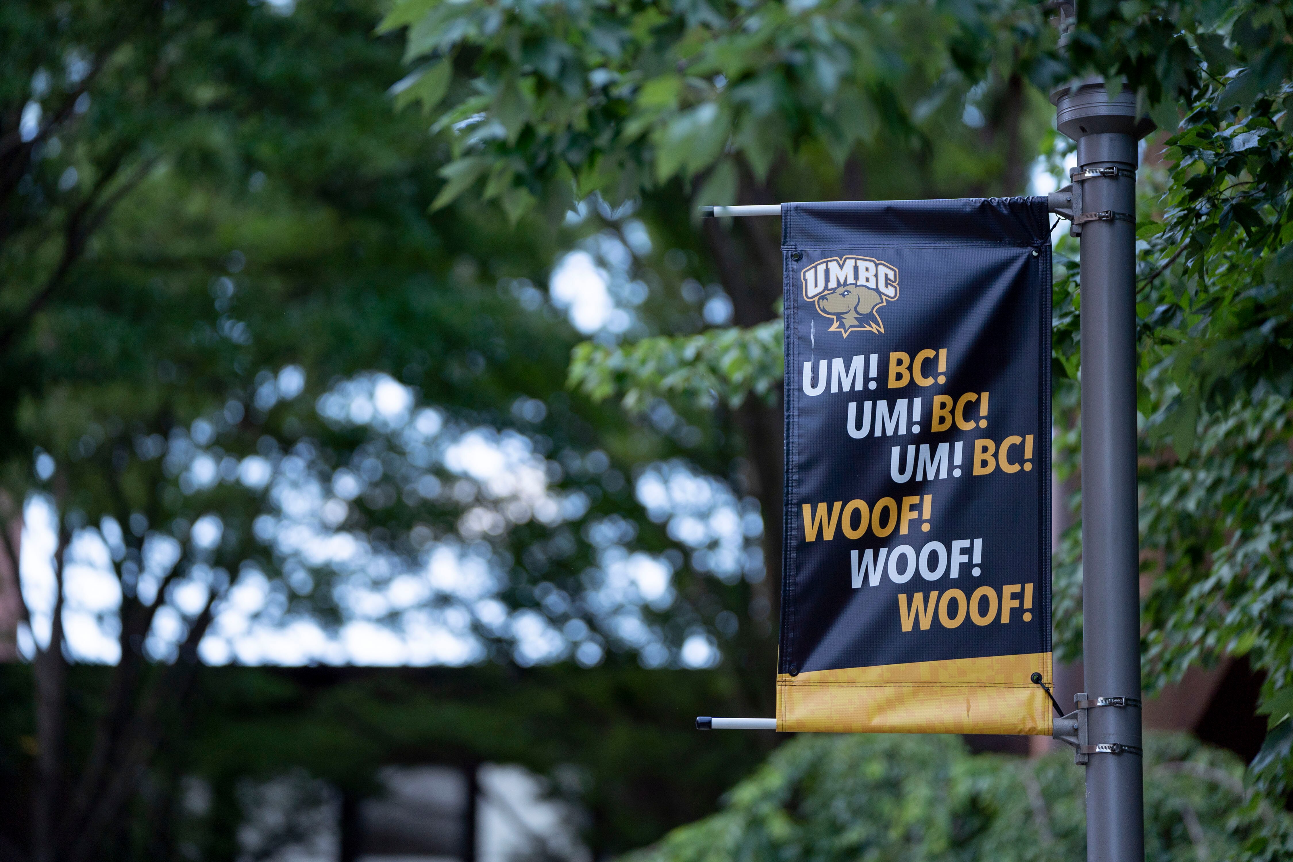 A banner on the UMBC campus near the Retriever Activities Center.
