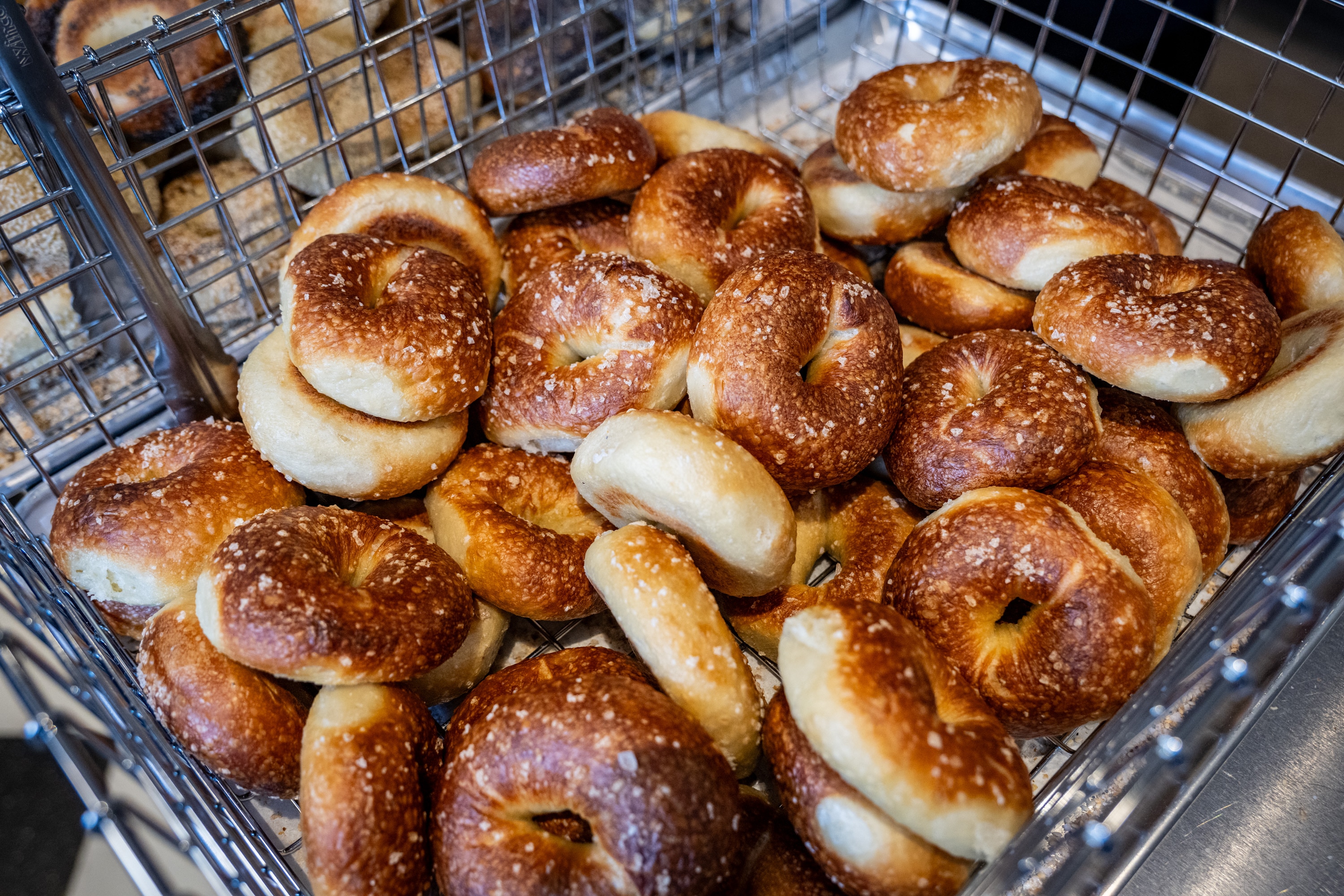 A basket of hot bagels at PopUp Bagels in Bethesda.
