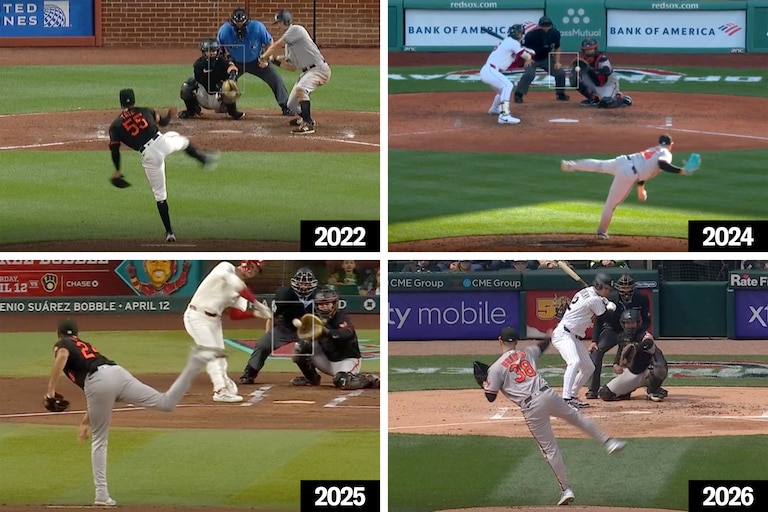 Orioles catcher Adley Rutschman has altered his stance behind the plate over the years, from a traditional crouch in 2022 to left-knee down variations in 2023, 2024 and 2025. New in 2026, Rutschman has his right knee in the dirt.