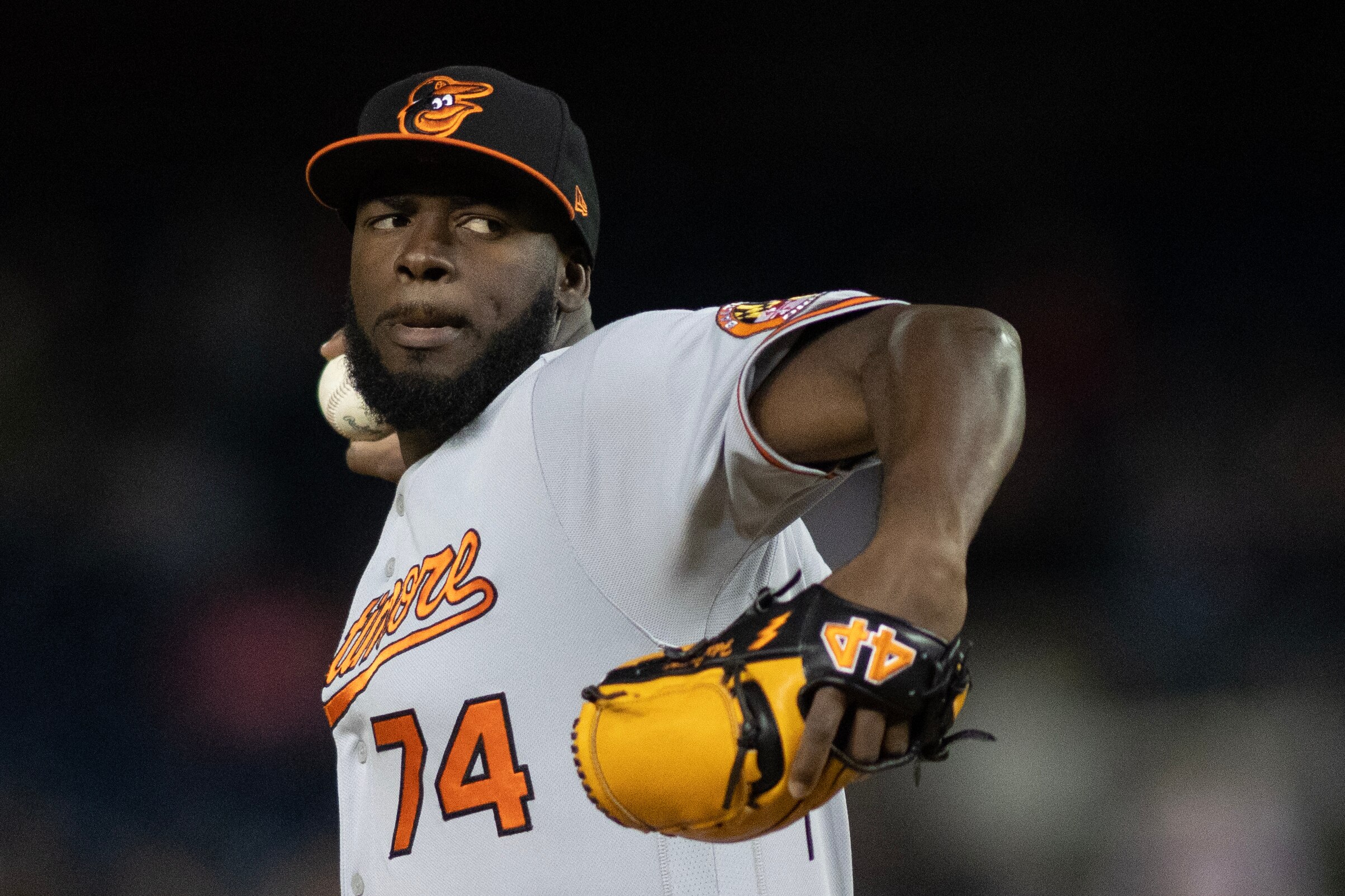Baltimore Orioles relief pitcher Felix Bautista (74) throws a pitch during a regular season game between the Baltimore Orioles and Washington Nationals at Nationals Park in Washington, D.C., on Tuesday, April 18, 2023. Baltimore defeated the Nationals 1-0. (Tom Brenner for The Baltimore Banner)