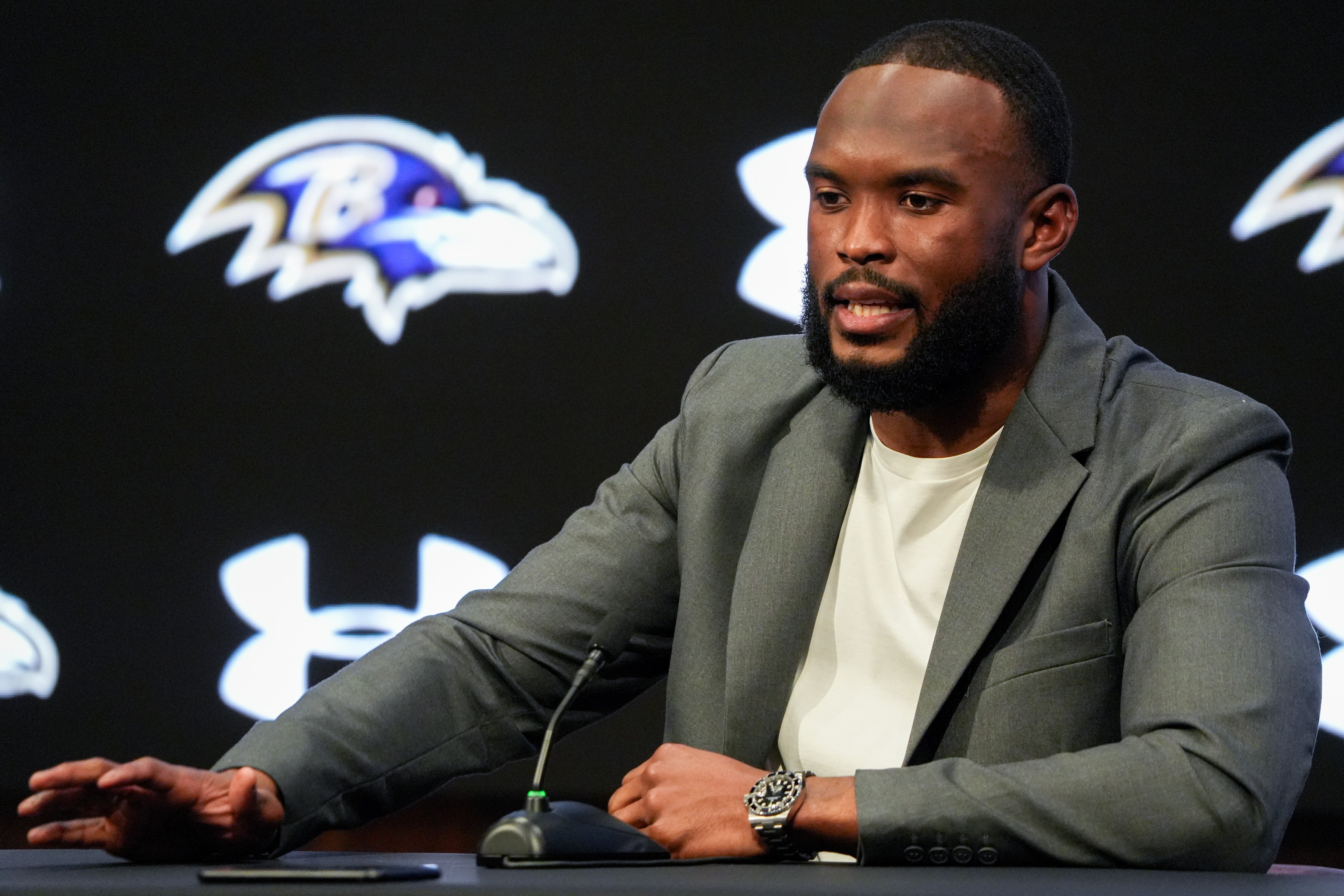 New Baltimore Ravens defensive coordinator Zach Orr takes questions from reporters at the Under Armour Performance Center in Owings Mills on Feb. 6, 2024.