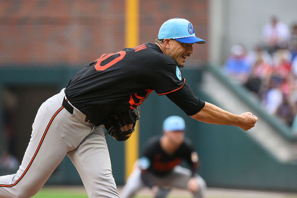ATLANTA, GEORGIA - JULY 4: Charlie Morton #50 of the Baltimore Orioles pitches in the first inning of a game against the Atlanta Braves at Truist Park on July 4, 2025 in Atlanta, Georgia. (Photo by Edward M. Pio Roda/Getty Images)
