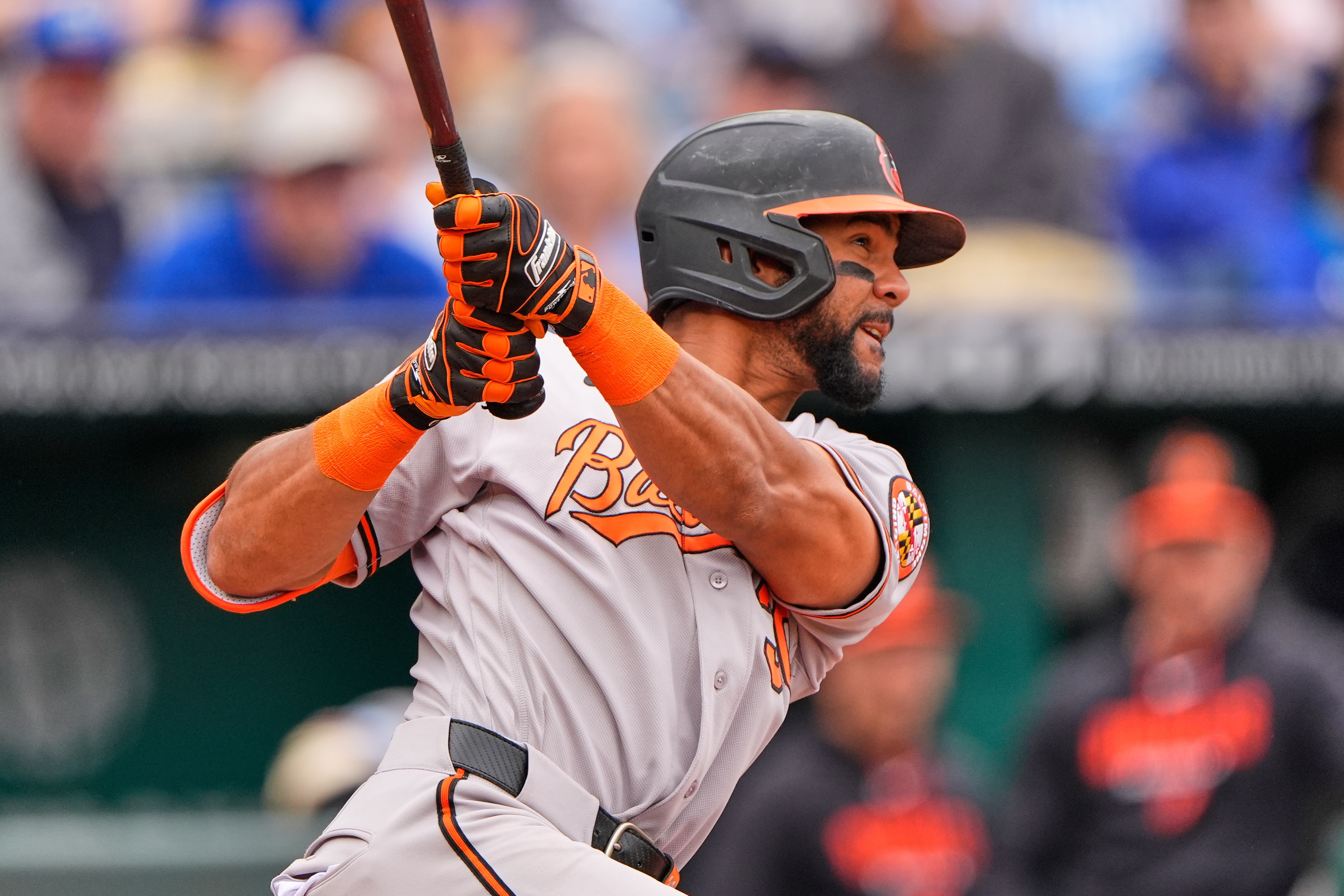 Baltimore Orioles' Leody Taveras watches his RBI double during the sixth inning of a baseball game against the Kansas City Royals, Wednesday, April 22, 2026, in Kansas City, Mo.