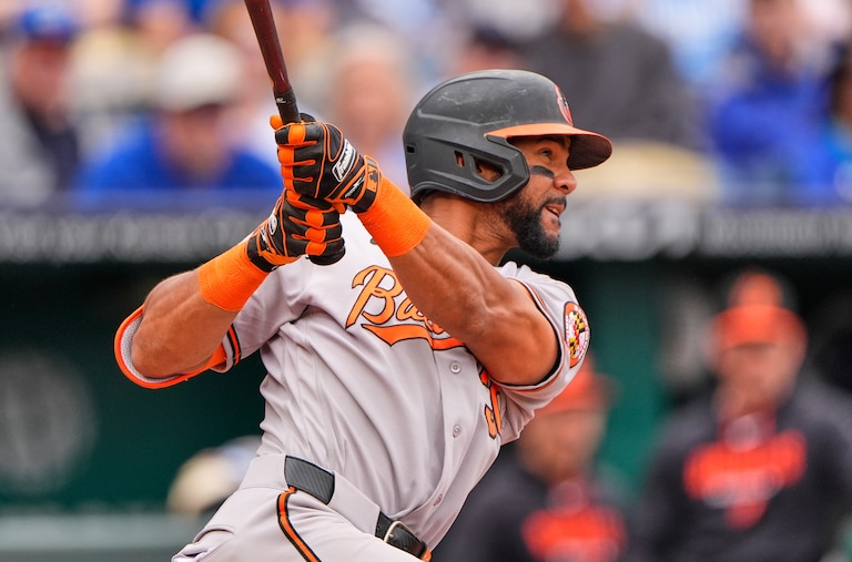 Baltimore Orioles' Leody Taveras watches his RBI double during the sixth inning of a baseball game against the Kansas City Royals, Wednesday, April 22, 2026, in Kansas City, Mo.