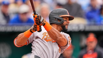 Baltimore Orioles' Leody Taveras watches his RBI double during the sixth inning of a baseball game against the Kansas City Royals, Wednesday, April 22, 2026, in Kansas City, Mo.
