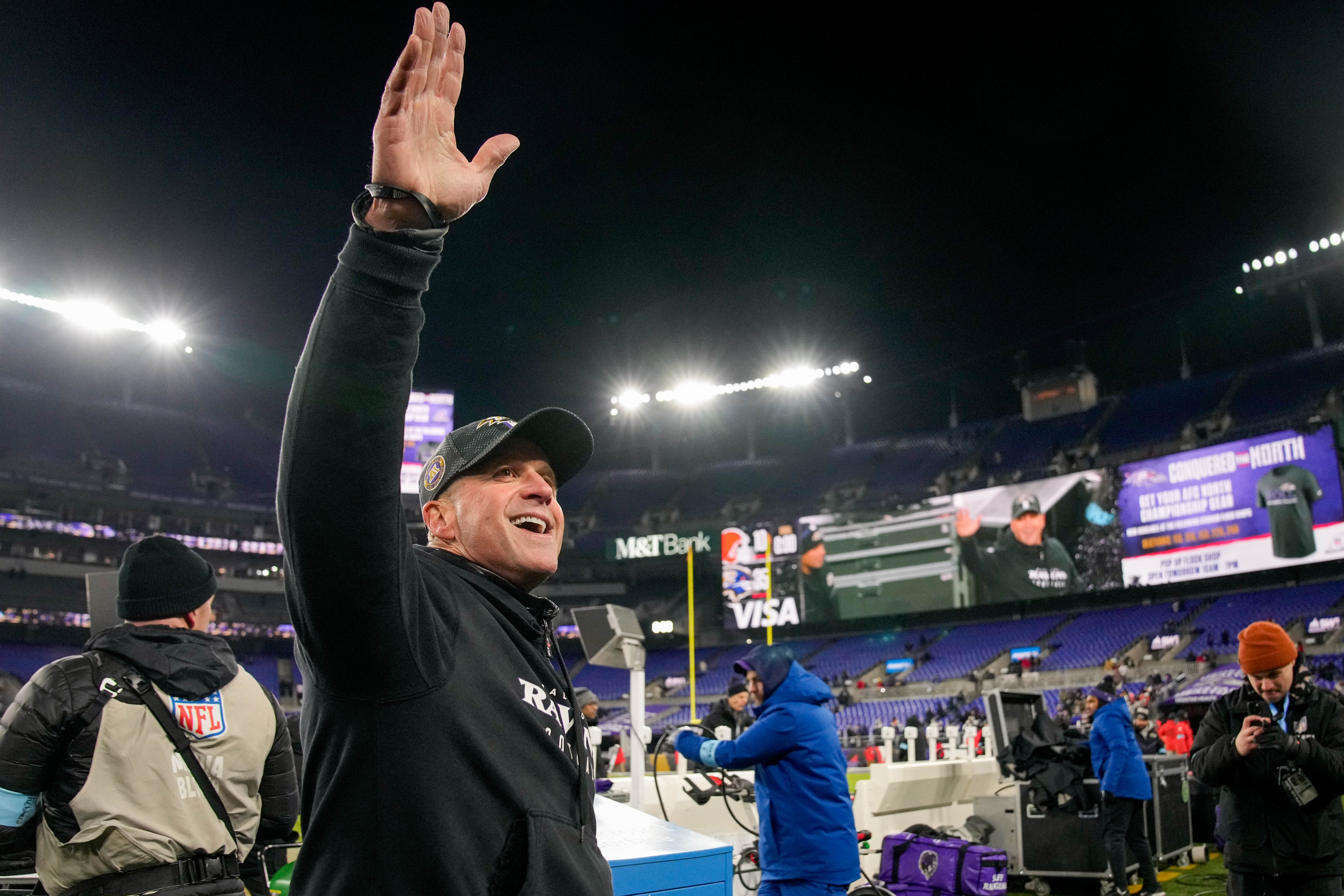 John Harbaugh has a record of 172-104 in 17 years coaching the Ravens.