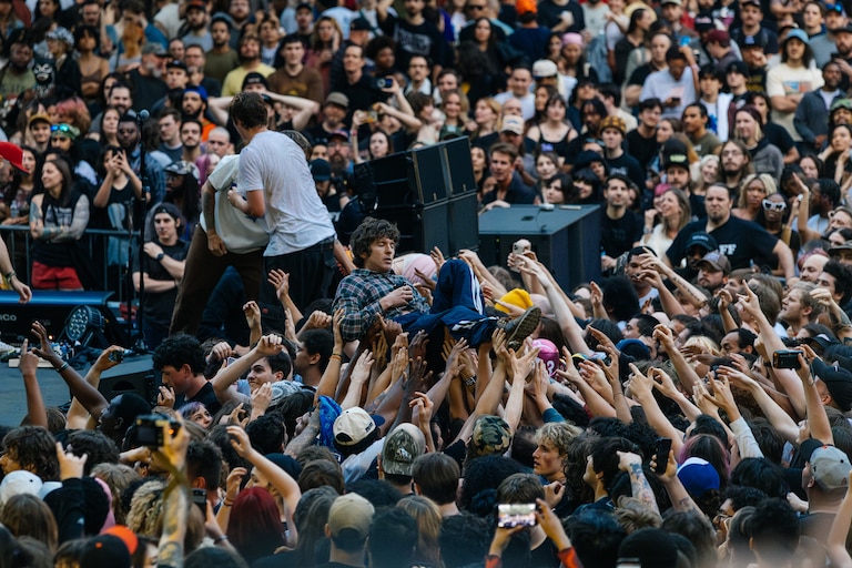 Turnstile performs a free benefit concert at Wyman Park Dell in Baltimore, MD on May 10, 2025 to raise donations for Health Care for the Homeless.