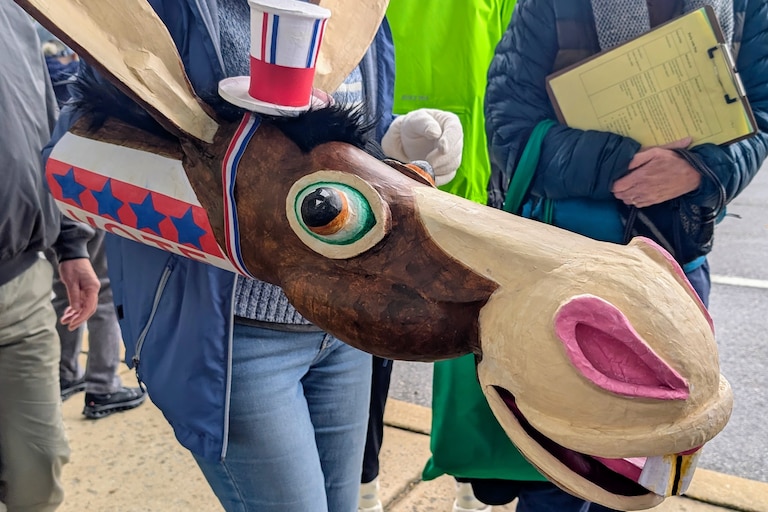 Pink unicorns, green fronts, a painted Lady Liberty and one Democrat donkey were among the props and costumes Saturday at the No Kings Rally. About 600 people walked along Generals Highway and Bestgate Road on Oct. 17, 2026.