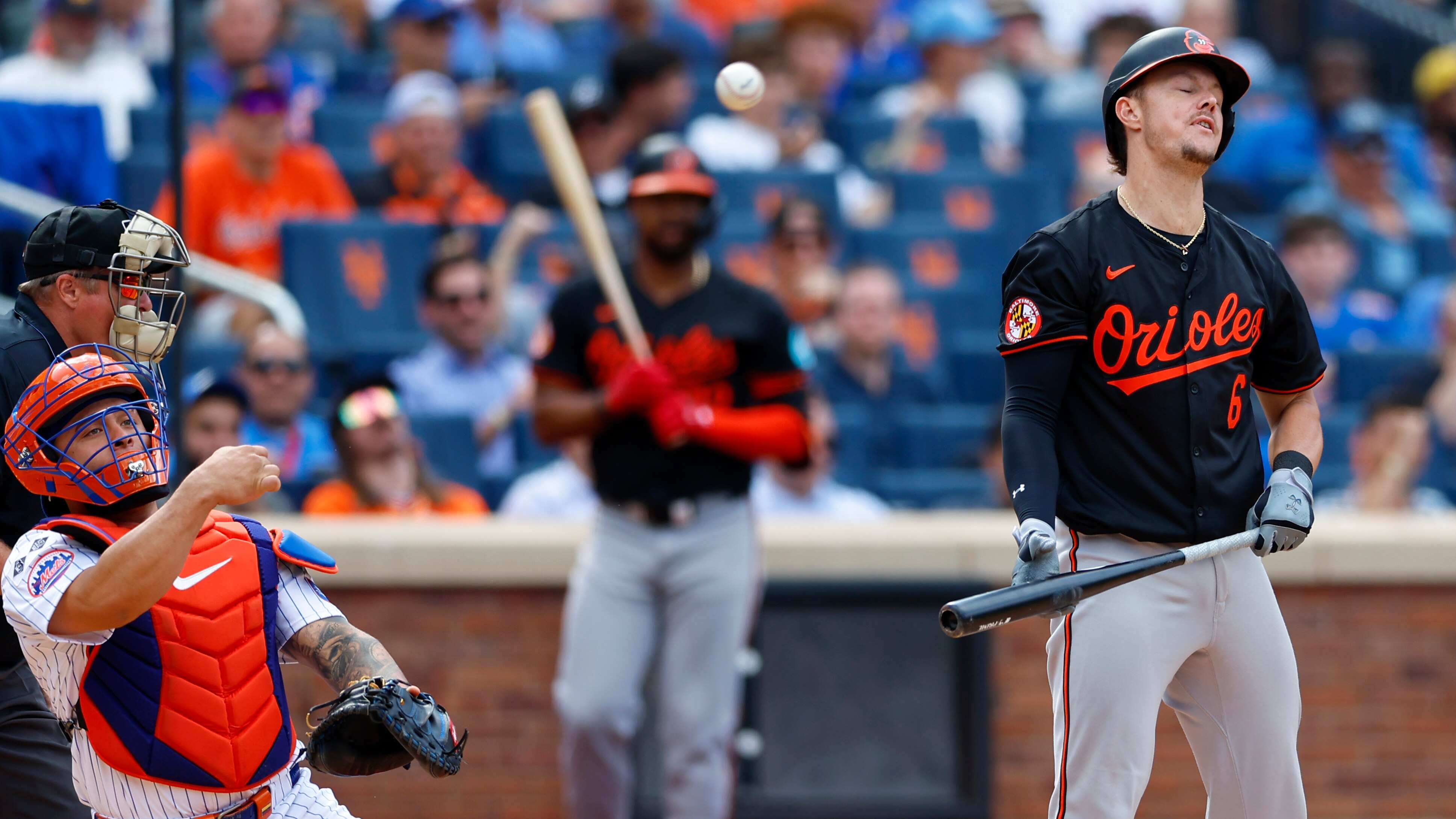 Baltimore Orioles' Ryan Mountcastle (6) reacts after striking out during the ninth inning of a baseball game against the New York Mets, Wednesday, Aug. 21, 2024, in New York. (AP Photo/Noah K. Murray)