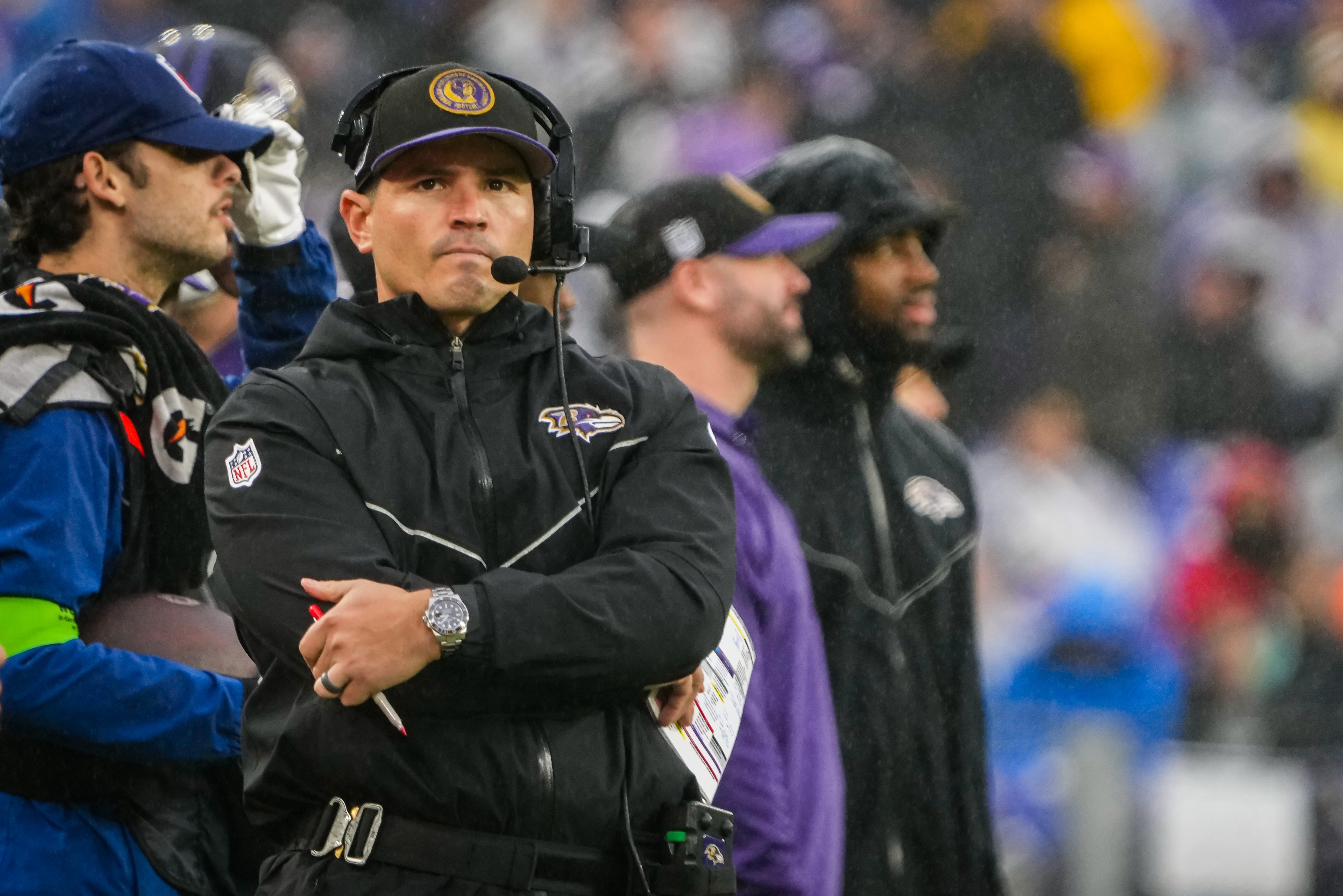 Baltimore Ravens defensive coordinator Mike Macdonald watches the game against the Los Angeles Rams at M&T Bank Stadium on Sunday, Dec. 10, 2023.