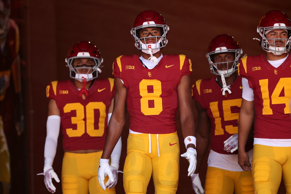 Ja'Kobi Lane #8 of the USC Trojans walks out of the tunnel before the game against the Missouri State Bears at United Airlines Field at the Los Angeles Memorial Coliseum on August 30, 2025 in Los Angeles, California.