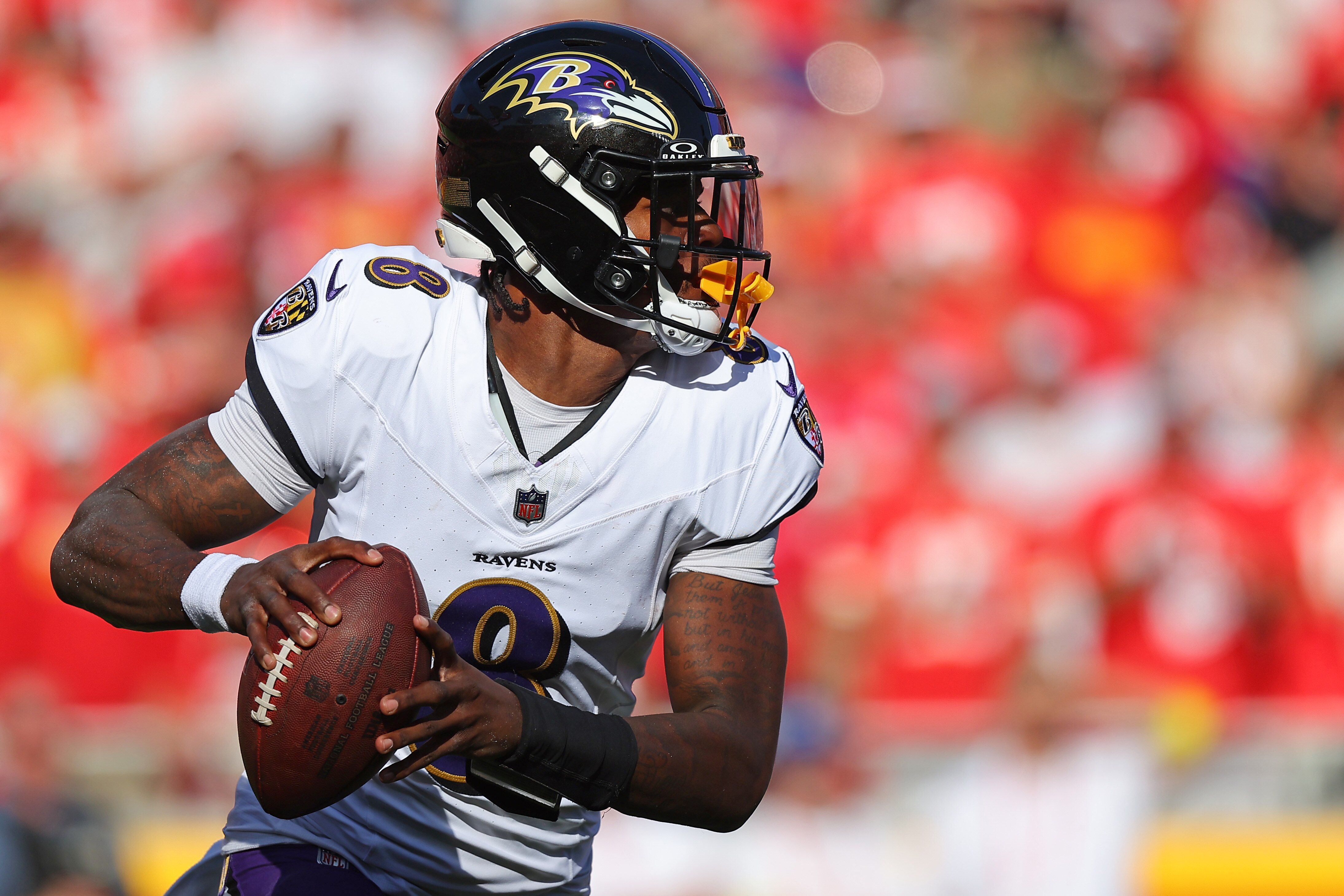 Ravens quarterback Lamar Jackson looks to pass during the second quarter against the Kansas City Chiefs on Sept. 28.