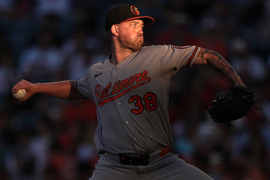 Orioles starting pitcher Kyle Bradish delivers against the Los Angeles Angels during the third inning of Monday night's game.