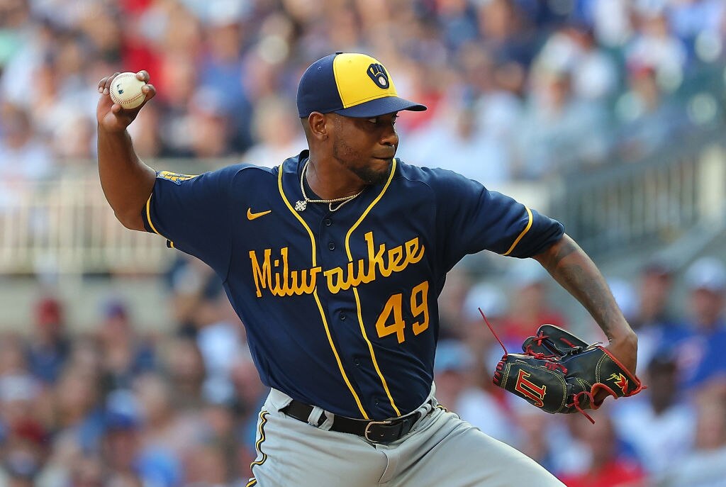 Julio Teherán #49 of the Milwaukee Brewers pitches in the first inning against the Atlanta Braves at Truist Park on July 29, 2023, in Atlanta, Georgia.